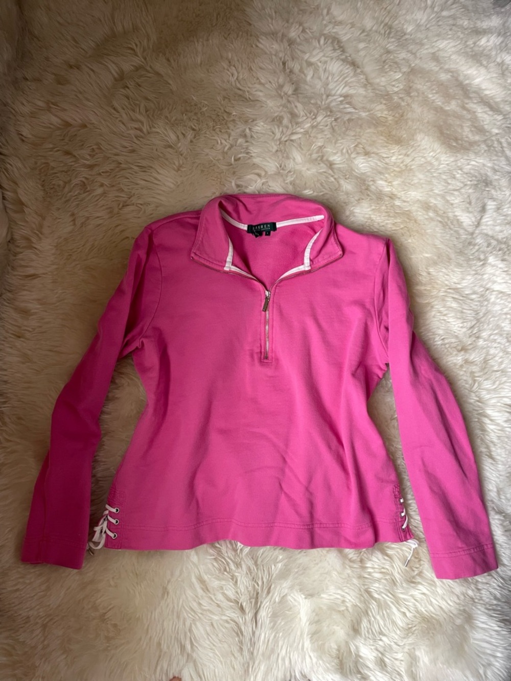 Vintage | rare Lauren Ralph Lauren women's pink quarter zip terry sweatshirt